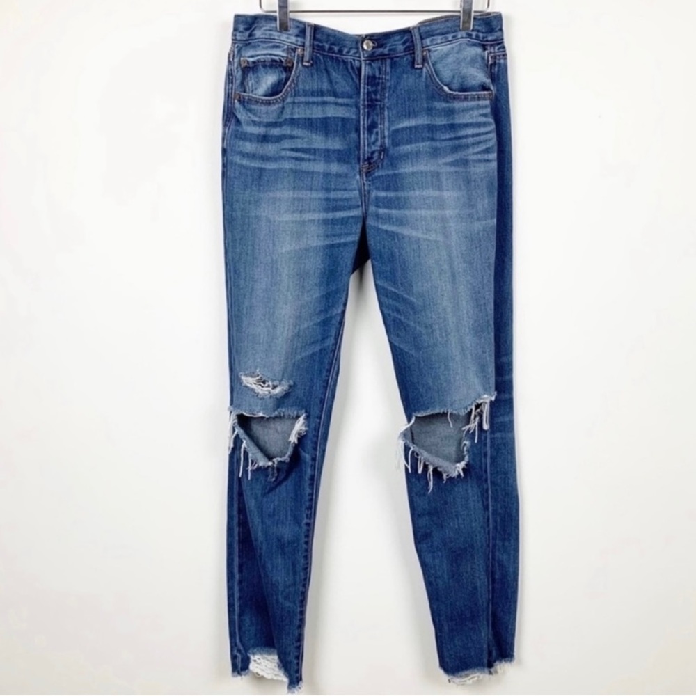 American Eagle Hi-Rise Girlfriend Distressed Button Fly Blue Jeans Size 10 Tall